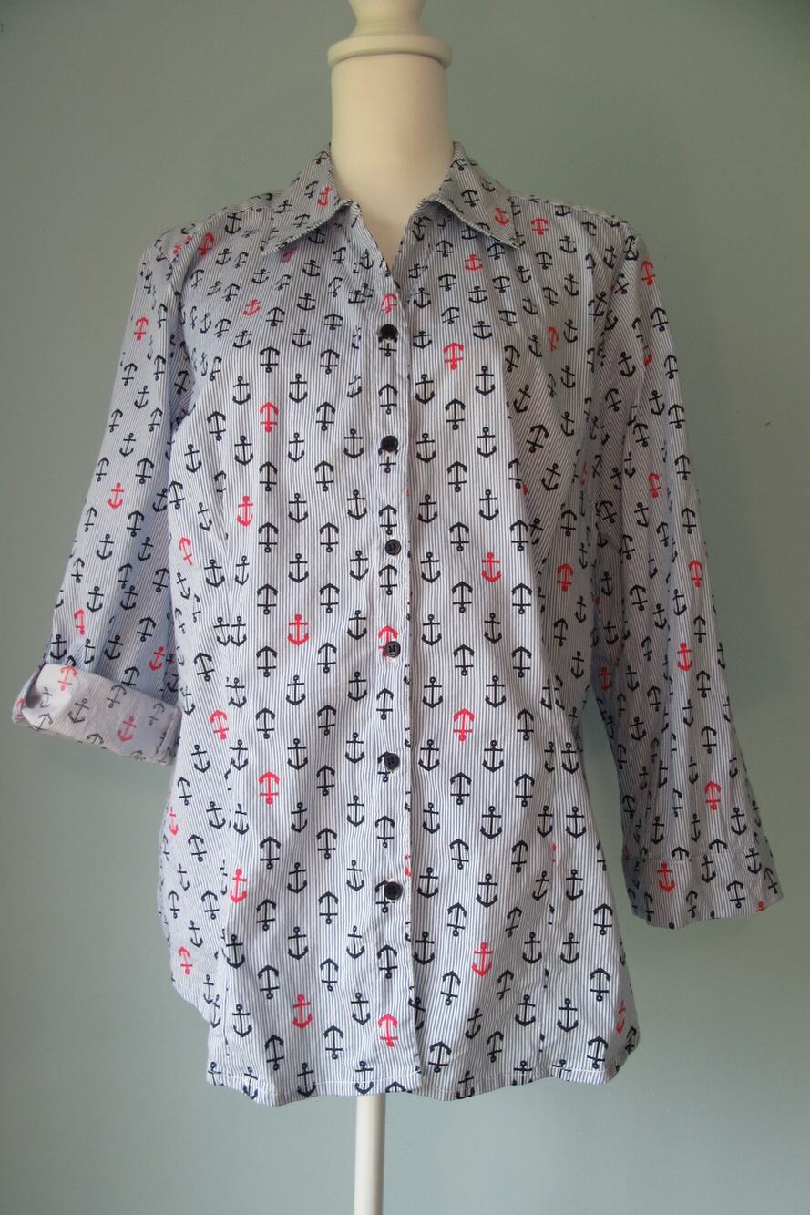 Rebecca Malone Nautical Anchor Women's XL Roll Tab Sleeve Button Up Shirt Blue